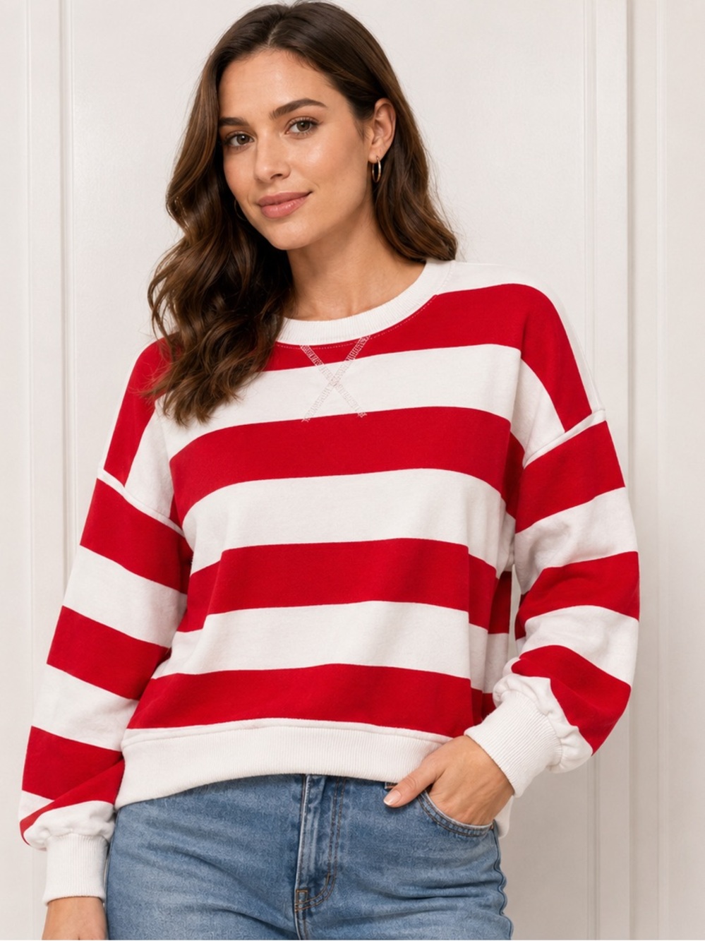 Jodifl Wren Bold Stripe Sweatshirt Top Red White Drop Shoulder Crewneck Size L